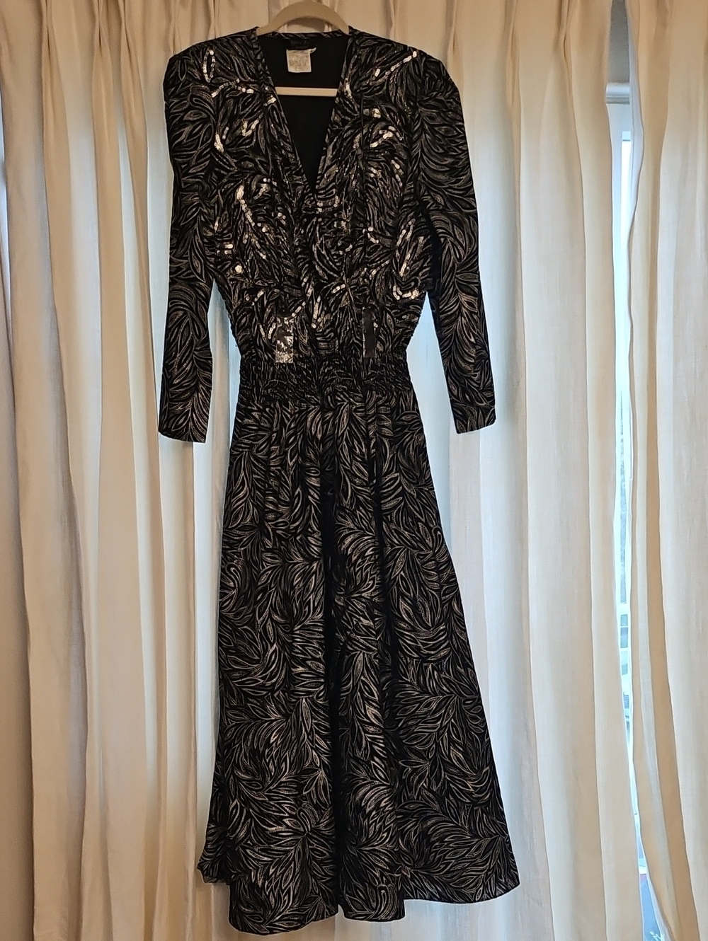 Black Midi Dress with Silver Leaf Pattern and Smocked Waist